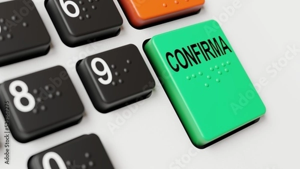 Fototapeta Renderização 3d de botão verde de confirmação de teclado numérico de novo modelo de urna eletrônica brasileira, escrito em português: "confirma", com braile.