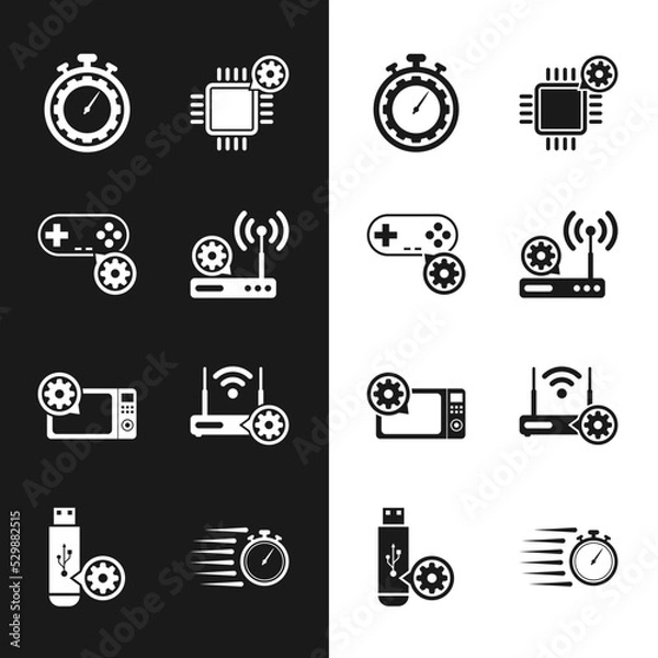 Fototapeta Set Router and wi-fi setting, Gamepad, Time management, Processor, Microwave oven and icon. Vector