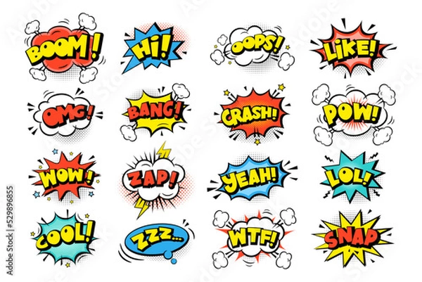 Obraz Set of colors comic speech bubbles stickers with text, cloud, stars, halftone on white background. Pop art vector cartoon illustration in retro style. Design for comic book, poster, banner