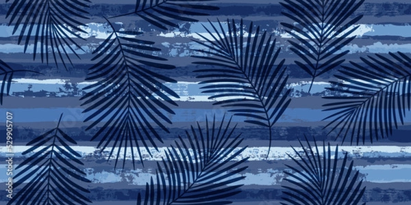 Fototapeta Tropical pattern, palm leaves seamless vector floral background. Exotic plant on blue stripes print illustration. Summer nature jungle print. Leaves of palm tree on paint lines. ink brush strokes
