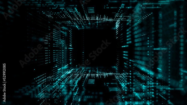 Fototapeta Big Data technology background. Microchip and computer parts. City of the future. 3d rendering