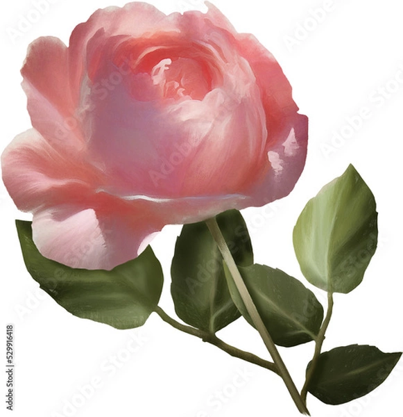 Obraz Pink rose, green stem and leaves. Feature floral, hand drawn art style, isolated background.