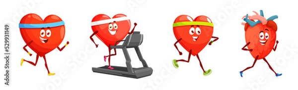 Fototapeta Cartoon running heart characters cute healthy strong hearts, vector personages. Happy healthy heart characters run cardio exercise, fitness jogging or gym treadmill and running on marathon