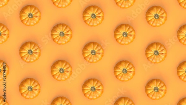 Fototapeta Pumpkin pattern on orange background. Thanksgiving pattern. Autumn wallpaper. Fall background. Pumpkin harvest. High quality 3D Rendering render