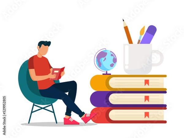 Obraz Flat illustration. Concept of reading in the library, acquiring knowledge in schools, based on interests such as science, literature, health, urban situation.