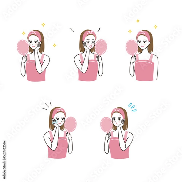 Fototapeta スキンケアをする女性のベクターイラストのセット