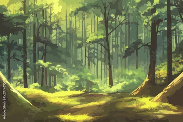 Fototapeta Anime forest landscape nature background. Beautiful trees with yellow green grass in japanese anime style