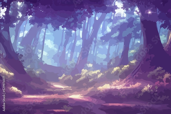 Fototapeta Anime forest landscape nature background. Beautiful trees with purple grass in japanese anime style