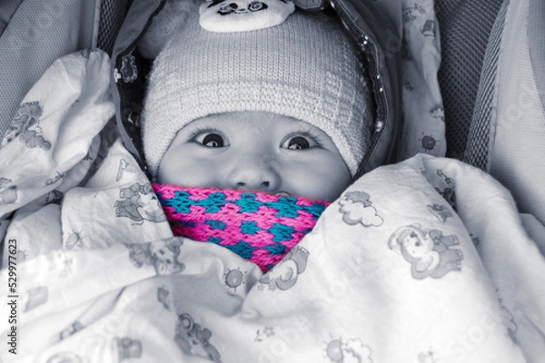 Obraz The child is sitting in a stroller with a pink scarf and a blue hat, only the eyes and nose are visible.