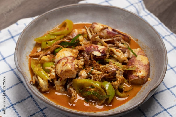 Obraz Stir fried squid curry paste.Thai food