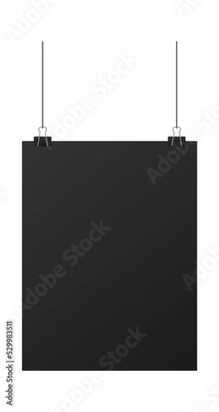 Fototapeta Black posters hanging on binder. Grey wall with mock up empty paper blank. Vector stock illustration.