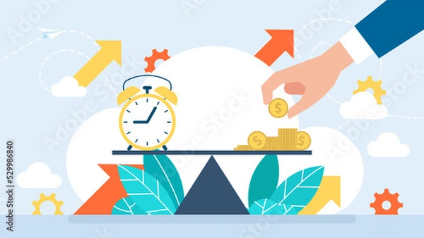 Fototapeta Time and money on scales. A businessman's hand puts money on the scales to balance time. Clock and coins. Weights with clock and money coin. Flat style. Business illustration.