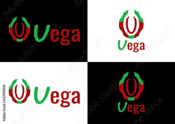 Obraz Horseshoe logo design. Steering wheel sign. Green and red colors. Text Vega. Emblem for any manufacture, production, company. Letter V as mark.