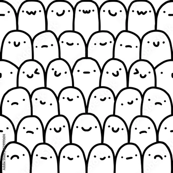Obraz Expressive smiling faces hand drawn seamless pattern black white