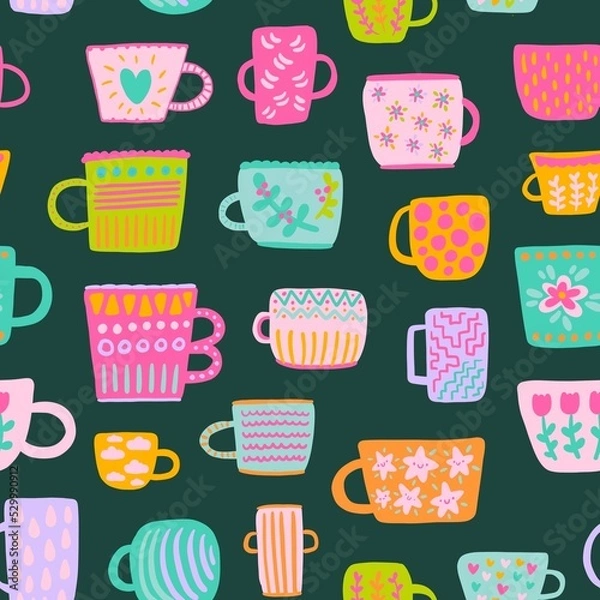 Obraz Rainbow colorful cups hand drawn seamless pattern