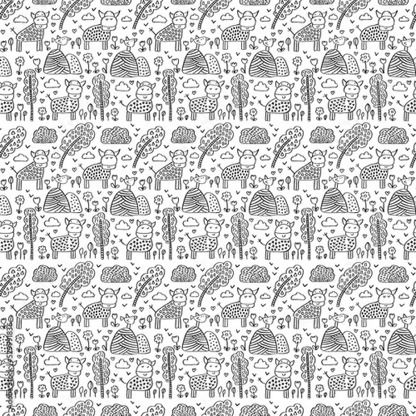 Fototapeta Cows birds trees country hand drawn seamless pattern