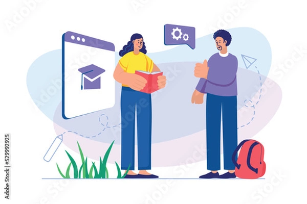 Fototapeta Study time concept with people scene. Vector illustration