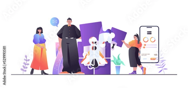 Fototapeta Teamwork concept for web banner. Man and woman working together, business development, colleague collaboration, modern people scene. Illustration in flat cartoon design with person characters