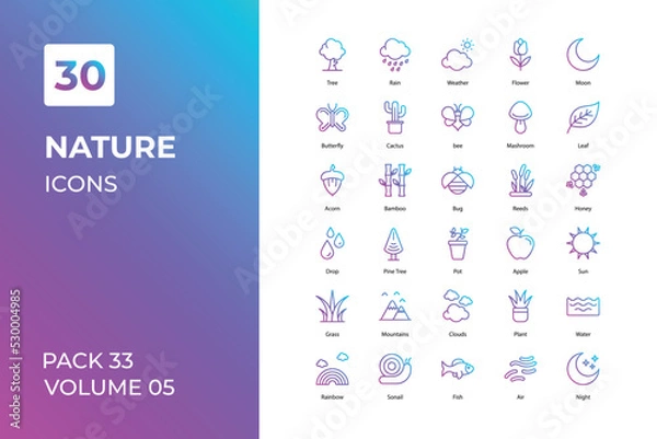 Fototapeta Nature icons collection. Set contains such Icons as Air, Ant, Ape, Autumn, Bamboo, and more