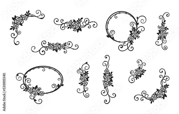 Fototapeta Black and white borders, corners and frames with flowers, leaves, twigs and curls, isolated on a white background. Vector set of floral frame for holiday greeting card, wedding invitation and monogram