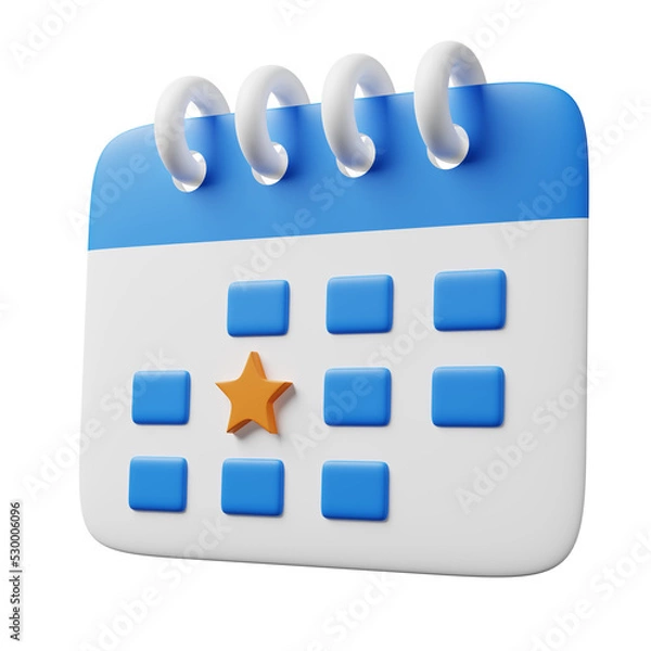 Fototapeta Minimal blue white calendar icon and important agenda yellow star mark date isolated on background. Business task time organize management, Meeting or deadline reminder, monthly plan. 3d render