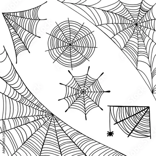 Obraz Spider web set - black on white background. Halloween design elements. Doodle line art. Creepy spiderwebs collection