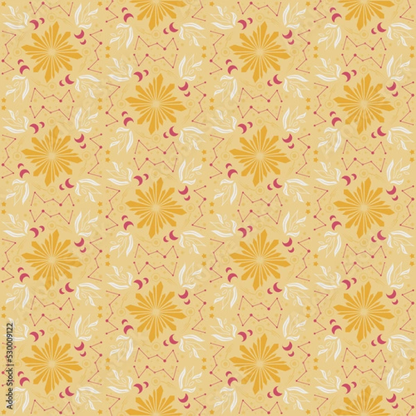 Fototapeta Crystal Star Moon Seamless Pattern Background Nature Plant Damask Art