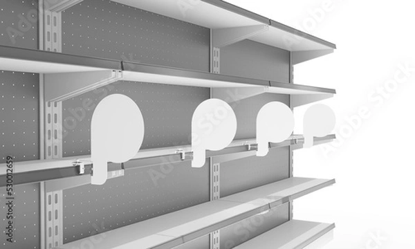 Fototapeta Supermarket Set of Shelves With White Stoppers, Circle Wobblers in Row. Blank Shelf Display Mock-up. 3D rendering	