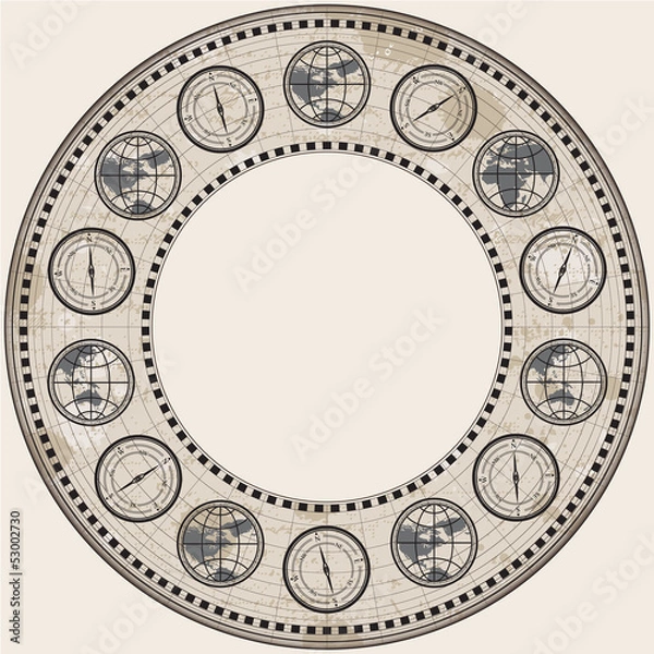 Fototapeta Retro antique frame border with globe, compass and map
