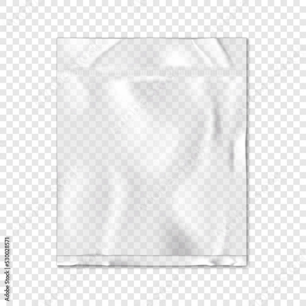 Fototapeta Vacuum sealed clear vinyl pouch on transparent background vector mock-up. Blank empty square flat plastic bag package mockup