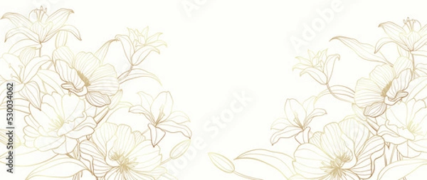 Fototapeta Luksusowy kwiatowy botaniczny na białym wektorze tła. Elegancka tapeta złota lilia, kwiaty, liście, liście, gałęzie w ręcznie narysowanych. Złoty Blossom Projekt ramki na wesele, zaproszenie.