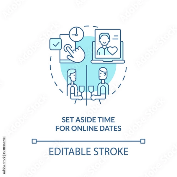 Fototapeta Set aside time for online dates turquoise concept icon. Long-distance relationship abstract idea thin line illustration. Isolated outline drawing. Editable stroke. Arial, Myriad Pro-Bold fonts used