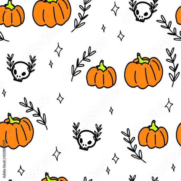Obraz Cute white pattern with line pumpkins, skulls, halloween seamless background. Textiles for fabric textile, paper, kids.