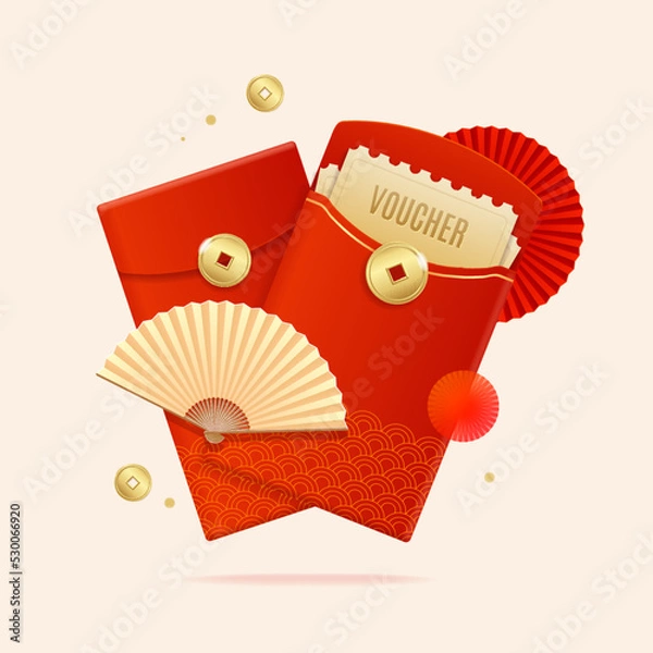 Obraz Realistic Detailed 3d Chinese Red Packet or Envelope Set. Vector
