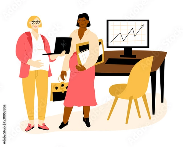 Obraz Pregnant women communication in the office.  Expectant mothers combining work and motherhood. Vector flat illustration
