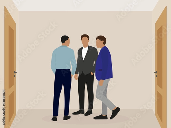 Obraz Three men in business suits are talking in a room with two closed doors