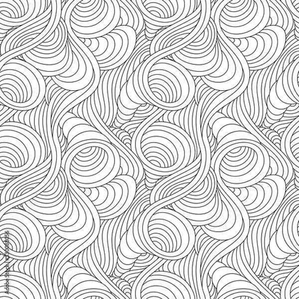 Obraz Seamless vector pattern of swirling and smooth black lines isolated on a white background. Abstract seamless texture of flowing lines of spirals and swirls.