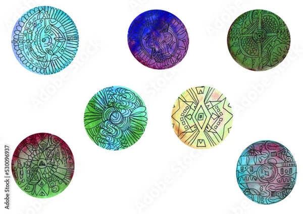 Fototapeta watercolor mandala set, with gradient effect, ornament for design of sketchbook, logo and print