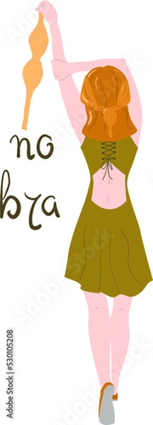 Fototapeta concepts of a day without a bra. A red-haired girl stands with her back turned and holds a bra in her hand. Postcard "Day without a bra" on October 13. The concept of freedom, feminism