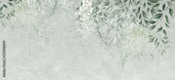 Obraz Floral background for wallpaper, watercolor greenery, can be used as poster. Botanical art. Mural. Leaves on marble.
