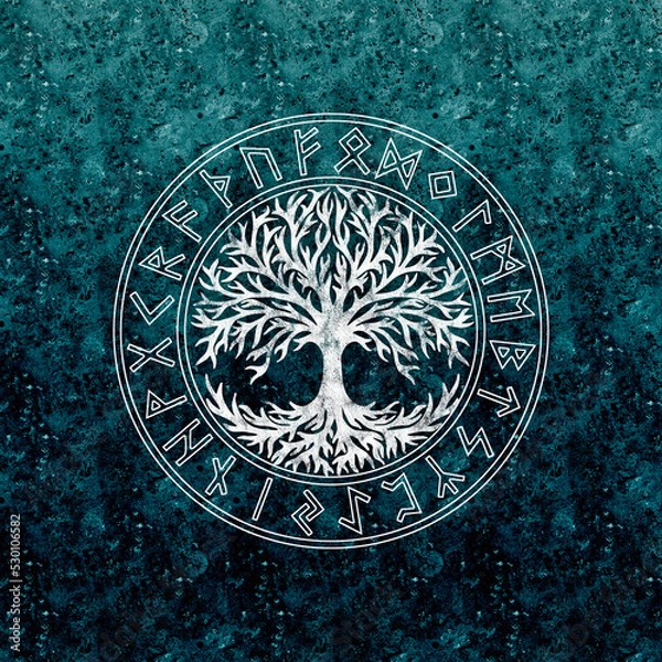 Fototapeta Tree of life, Yggdrasil, Futhark runes circle, Norse mythology, viking, Celtic, vintage colored background