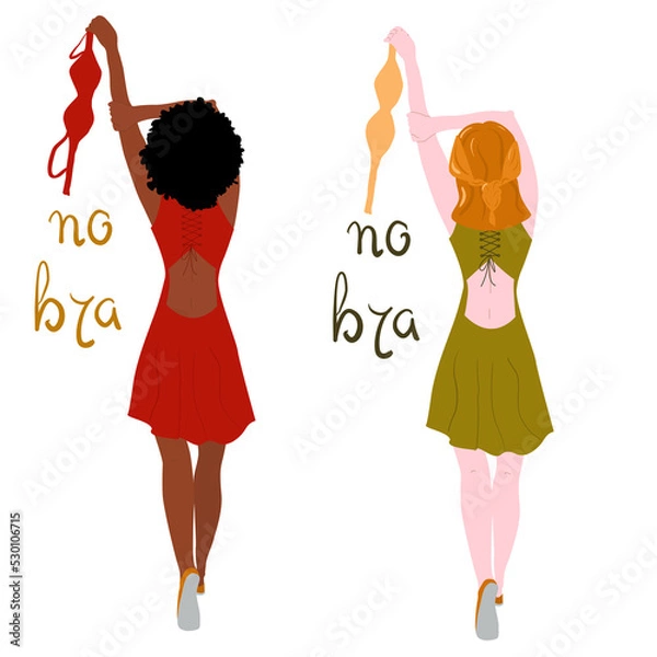 Fototapeta The girl stands with her back turned and holds a bra in her hand. Different nationalities. Postcard "Day without a bra" on October 13. The concept of freedom, feminism, body positivity.