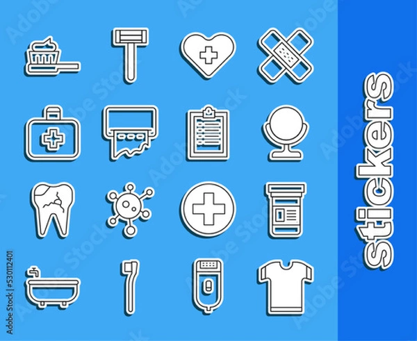 Fototapeta Set line T-shirt, Medicine bottle, Round makeup mirror, Heart with cross, Paper towel dispenser on wall, First aid kit, Toothbrush toothpaste and Clipboard checklist icon. Vector