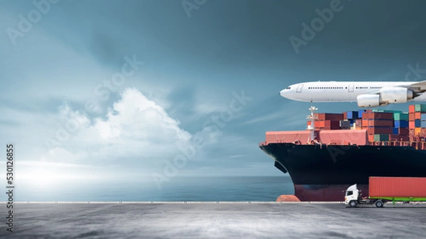 Fototapeta Containers cargo logistics import export transport concept, Big ship in the ocean, Container truck and plane at sunset dramatic sky background with copy space, Nautical vessel and sea freight shipping