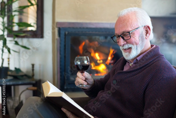 Fototapeta Senior man drinking wine and reading book by fireplace in winter