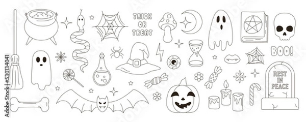 Fototapeta A set of line elements for Halloween. Objects in the groovy style of retro 60-70s. Illustration for coloring
