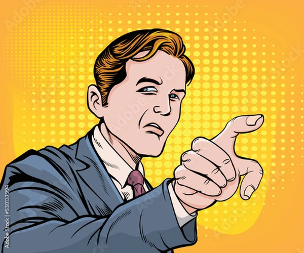 Obraz An angry, upset man, he points his hand. hand drawn style vector design illustration.