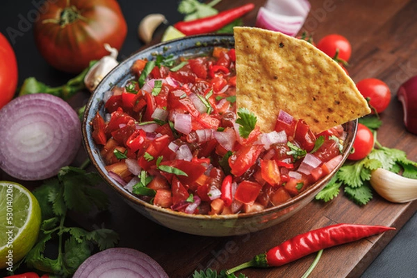 Obraz Tortilla chips and fresh salsa made with homegrown ingredients of tomatoes, red onions, garlic, chili peppers, cilantro and lime