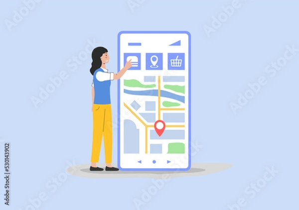 Fototapeta Concept Of Home And Office Food Delivery. Mobile App For Food Delivery With Map For Courier Monitoring. Female Character Ordering Food With Smartphone. Cartoon Linear Outline Flat Vector Illustration