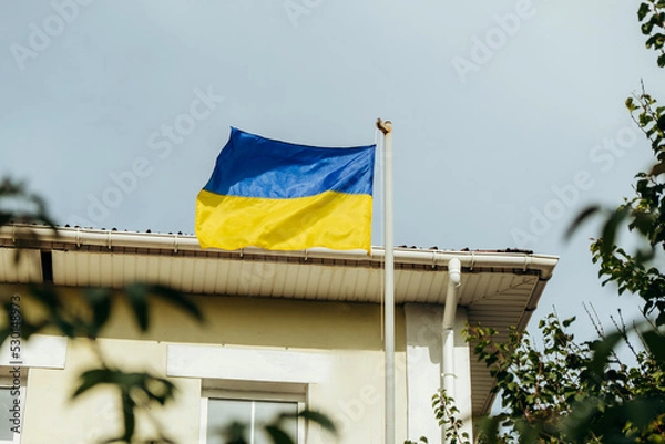 Fototapeta The flag of Ukraine flutters in the wind. It is attached to the facade of the house under the window.